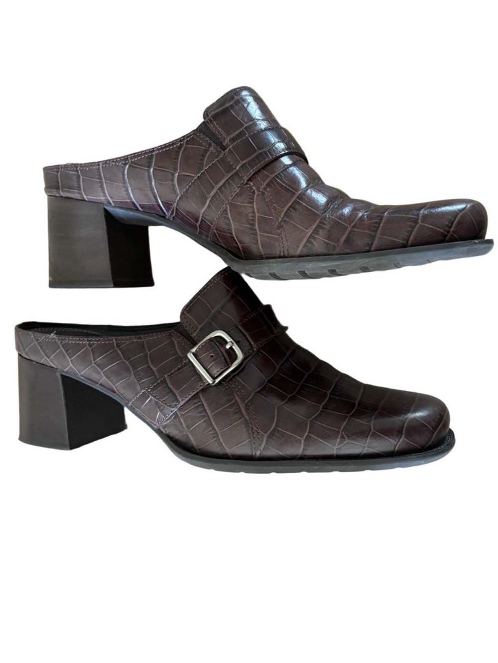 Naturalizer Dark Brown Leather Crocodile Pattern Mules 10m